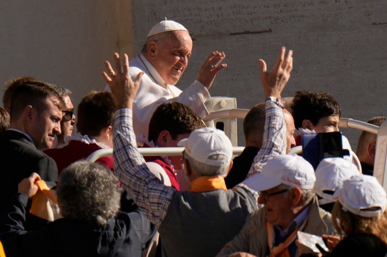 Pope Francis arrives for his weekly general audience in St. Peter's Square, at the Vatican, Wednesday, April 26, 2023. 