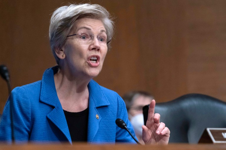 Sen. Elizabeth Warren (D-MA) speaks during the Senate Committee on Banking, Housing and Urban Affairs hearing on oversight of the credit reporting agencies at Capitol Hill in Washington, Thursday, April 27, 2023.