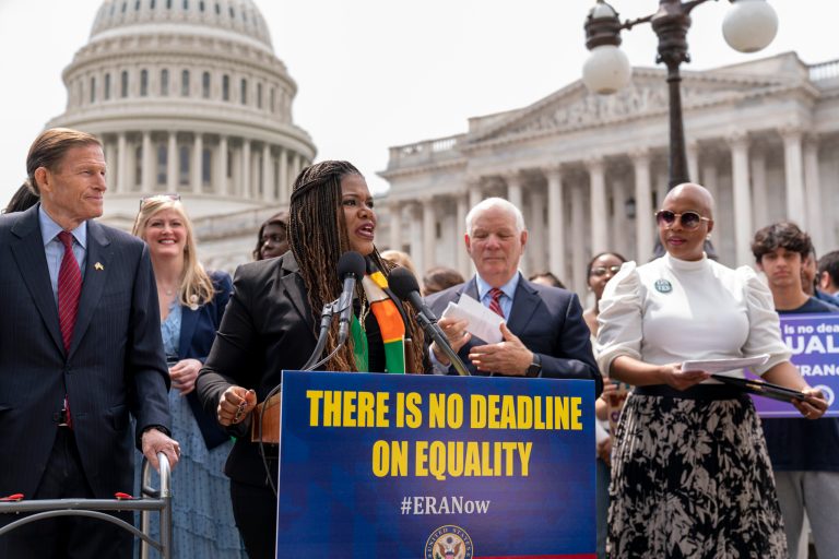 From left, Sen. Richard Blumenthal, D-Conn., Rep. Cori Bush, D-Mo., Sen. Ben Cardin, D-Md., and Rep. Ayanna Pressley, D-Mass., tell reporters they want to remove the deadline for ratification of the Equal Rights Amendment, during a news conference at the Capitol in Washington, Thursday, April 27, 2023. (AP Photo/J. Scott Applewhite)