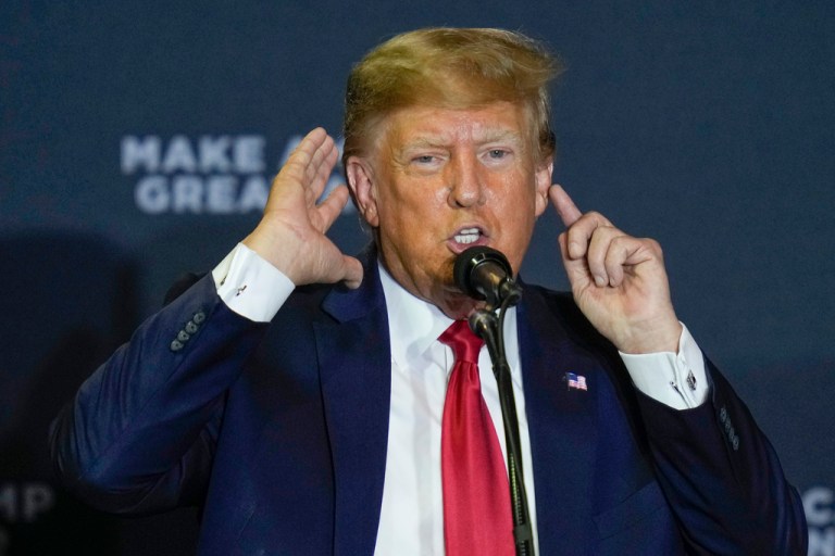 Former President Donald Trump speaks at a campaign event Thursday, April 27, 2023, in Manchester, N.H. 