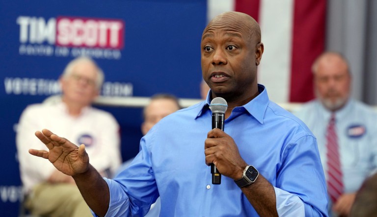 Sen. Tim Scott, R-S.C., speaks at a town hall, Sunday, April 30, 2023, in Charleston, S.C. Scott has launched an exploratory committee and said on Sunday he would announce his decision on the 2024 presidential race on May 22.