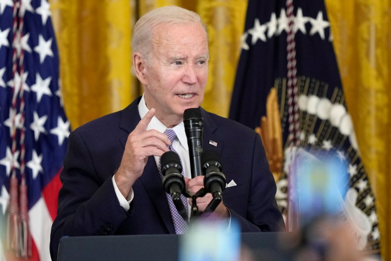 President Joe Biden speaks during a reception in the East Room of the White House in Washington, May 1, 2023, to celebrate Eid al-Fitr.
