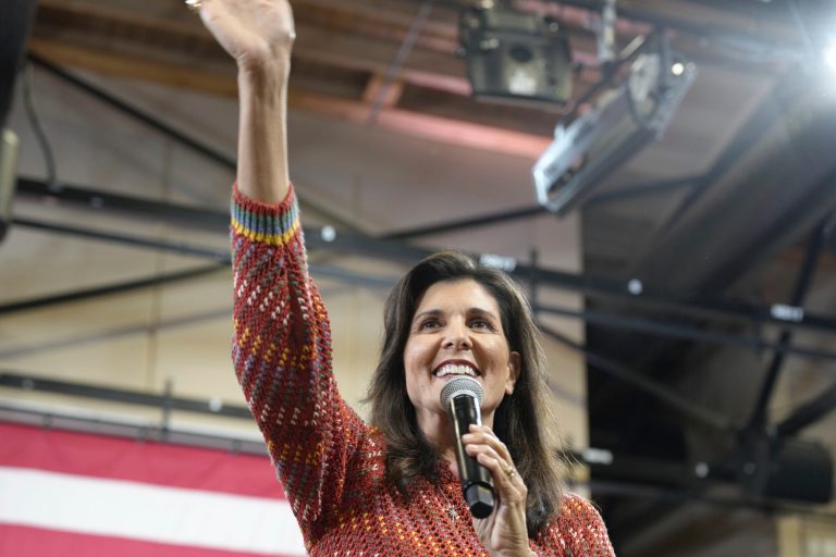 Republican presidential contender Nikki Haley waves as she begins speaking at a campaign rally on Thursday, May 4, 2023, in Greer, S.C. 