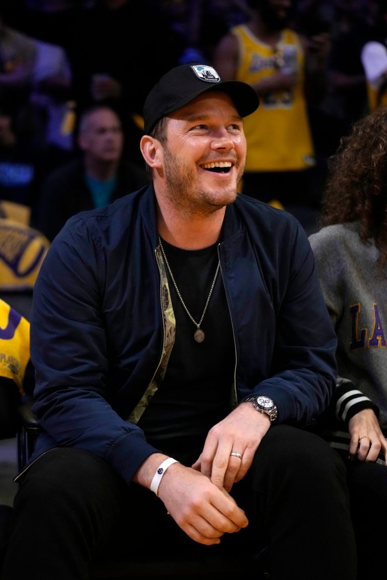 Actor Chris Pratt watches prior to Game 4 of an NBA basketball Western Conference semifinal between the Los Angeles Lakers and the Golden State Warriors Monday, on May 8, 2023, in Los Angeles. 