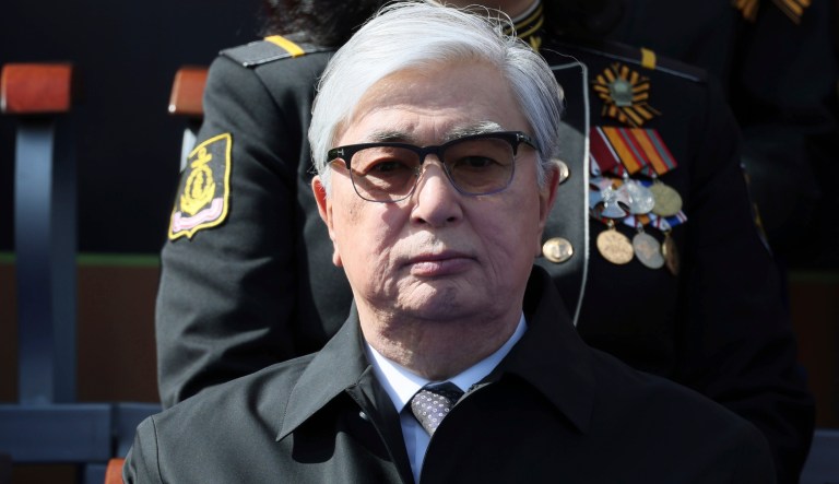 Kazakhstan's President Kassym-Jomart Tokayev watches the Victory Day military parade marking the 78th anniversary of the end of World War II in Red Square in Moscow, Russia, Tuesday, May 9, 2023.