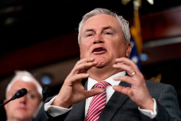 House Committee on Oversight and Accountability Chairman James Comer (R-KY), accompanied by House Republicans, speaks during a news conference on their investigation into the Biden family on Capitol Hill in Washington, Wednesday, May 10, 2023.