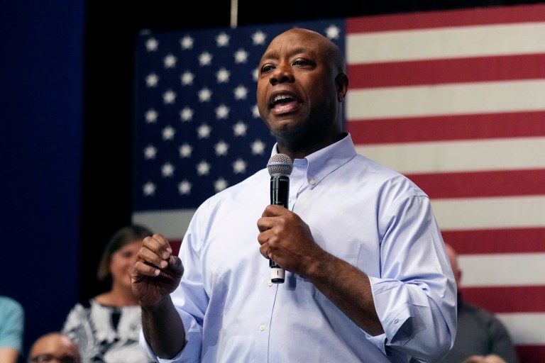 Sen. Tim Scott, R-S.C., during a town hall, Monday, May 8, 2023, in Manchester, N.H. Scott recently launched an exploratory committee for a 2024 GOP presidential bid, a step that comes just shy of making his campaign official. 