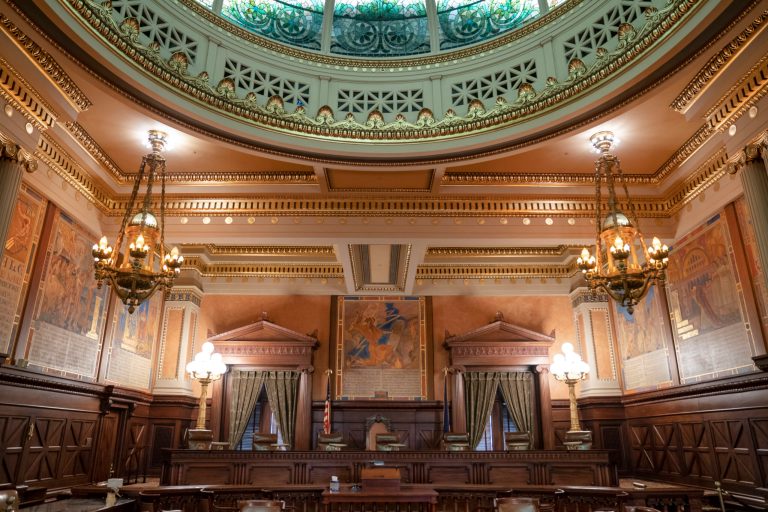 Shown is the Supreme Court of Pennsylvania chamber at the Capitol in Harrisburg, Pa., Tuesday, Feb. 21, 2023. 