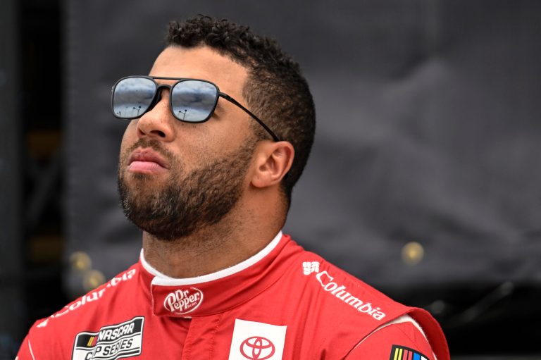 Bubba Wallace looks on prior to a NASCAR Cup Series auto race at Darlington Raceway, Sunday, May 14, 2023, in Darlington, S.C. 