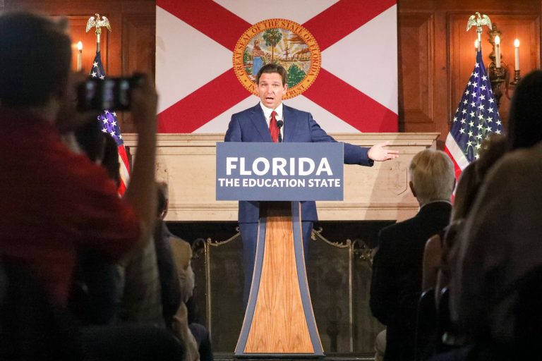 Gov. Ron DeSantis talks during a press conference before signing legislation on Monday, May 15, 2023, at New College of Florida in Sarasota, Fla.
