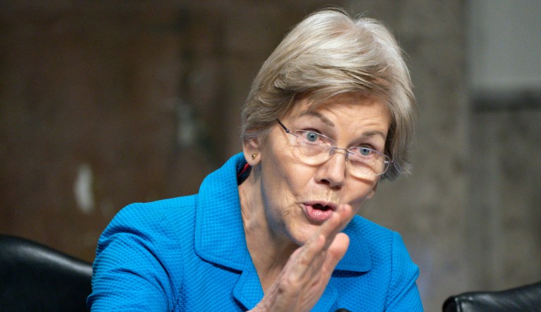 Sen. Elizabeth Warren (D-MA) asks if any of the former bank CEO's plan to repay the FDIC for covering deposits, during a Senate Banking, Housing, and Urban Affairs hearing examining the failures of Silicon Valley Bank and Signature Bank, Tuesday, May 16, 2023, on Capitol Hill in Washington.