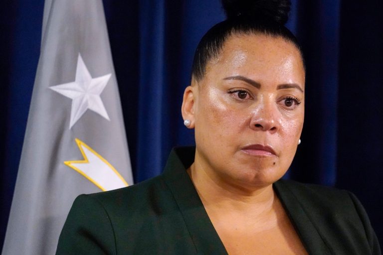 Massachusetts U.S. Attorney Rachael Rollins addresses the media at the Moakley Federal Courthouse, May 24, 2022, in Boston. 