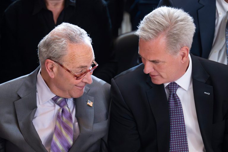 WASHINGTON - MAY 17: Senate Majority Leader Chuck Schumer, D-N.Y., left, and Speaker of the House Kevin McCarthy, R-Calif., attend the portrait is unveiling for former Speaker Paul Ryan, R-Wisc., in National Statuary Hall in the Capitol on Wednesday, May 17, 2023.