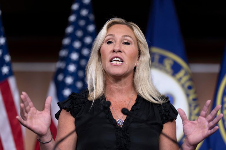 Rep. Marjorie Taylor Greene (R-GA) speaks during a news conference at the Capitol in Washington, Thursday, May 18, 2023.