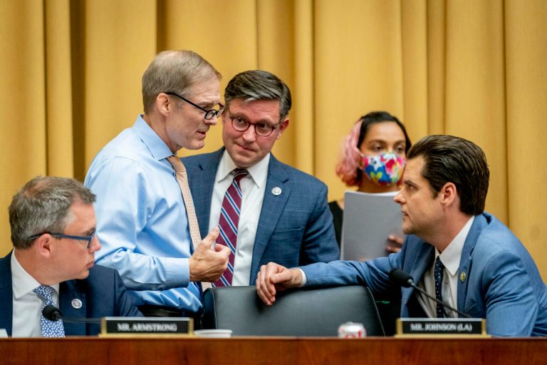 From left, Rep. Kelly Armstrong (R-ND), Rep. Jim Jordan (R-OH), Rep. Mike Johnson (R-LA), and Rep. Matt Gaetz (R-FL) speak during a House Judiciary subcommittee hearing on what Republicans say is the politicization of the FBI and Justice Department and attacks on American civil liberties, on Capitol Hill in Washington, Thursday, May 18, 2023.