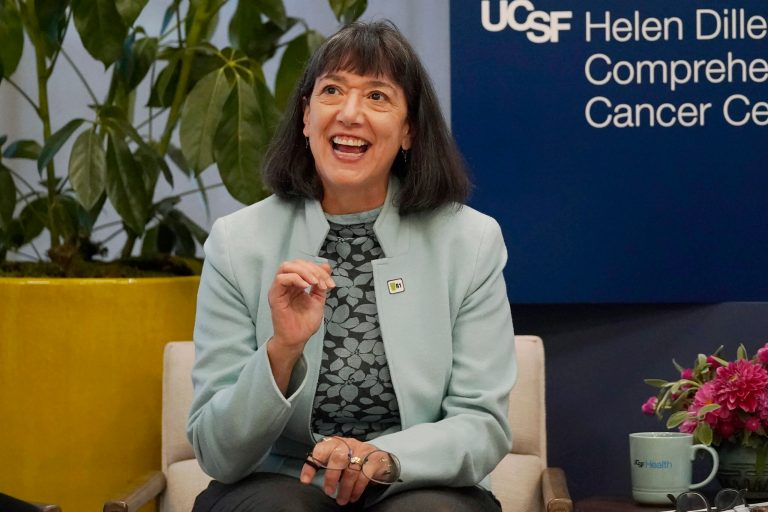 FILE - Dr. Monica Bertagnolli speaks at the University of California, San Francisco's cancer center in San Francisco, Friday, Oct. 7, 2022.  (AP Photo/Jeff Chiu, Pool, File)