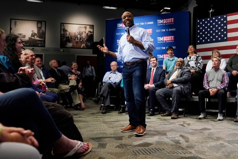 FILE - Sen. Tim Scott, R-S.C., speaks during a town hall, Monday, May 8, 2023, in Manchester, N.H. Scott has filed paperwork to enter the 2024 Republican presidential race. He'll be testing whether a more optimistic vision of Americaâs future can resonate with GOP voters who have elevated partisan brawlers in recent years.