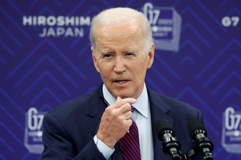 US President Joe Biden speaks during a news conference following the Group of Seven (G-7) leaders summit in Hiroshima, Japan, on Sunday, May 21, 2023. 