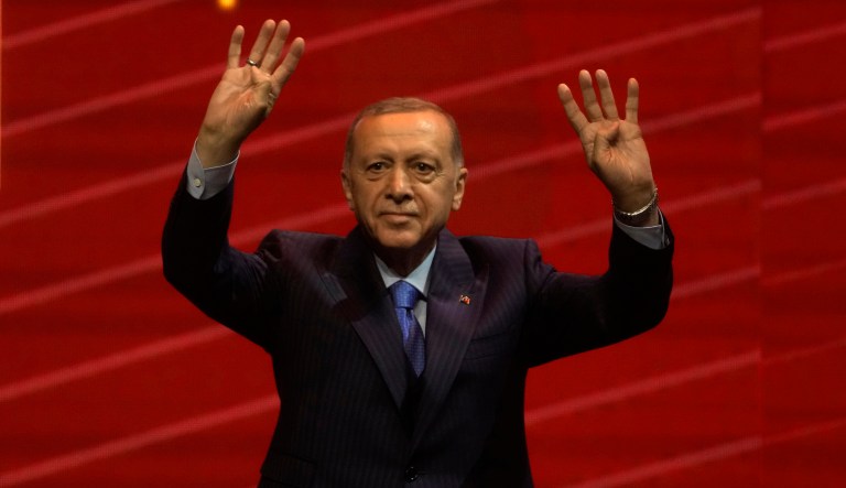 Turkish President and People's Alliance's presidential candidate Recep Tayyip Erdogan, waves to his supporters during an election campaign rally in Istanbul, Turkey, Monday, May 22, 2023.