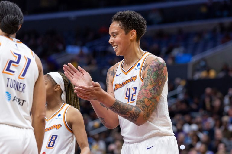 Phoenix Mercury center Brittney Griner (42) claps against the Los Angeles Sparks during a WNBA basketball game, Friday, May 19, 2023, in Los Angeles. Sparks won 94-71.