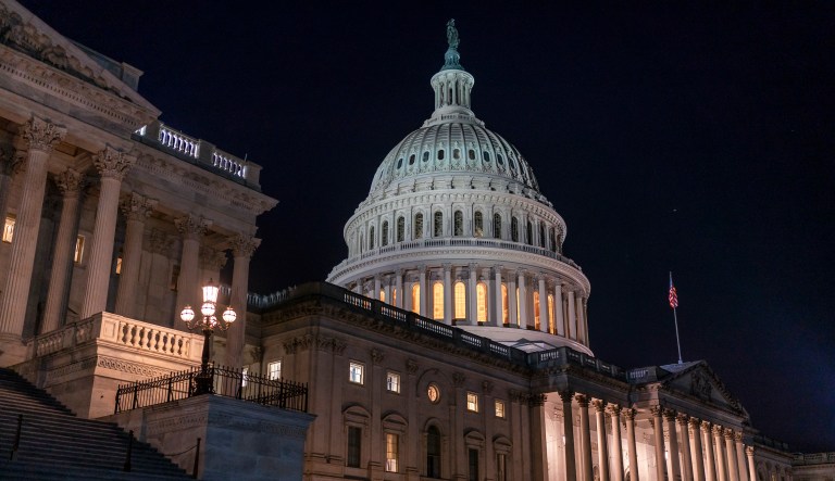 The U.S. Capitol is seen in Washington, Monday evening, May 22, 2023, as negotiators for President Joe Biden and House Speaker Kevin McCarthy, R-Calif., continue meeting on the impasse over the government's debt ceiling. 