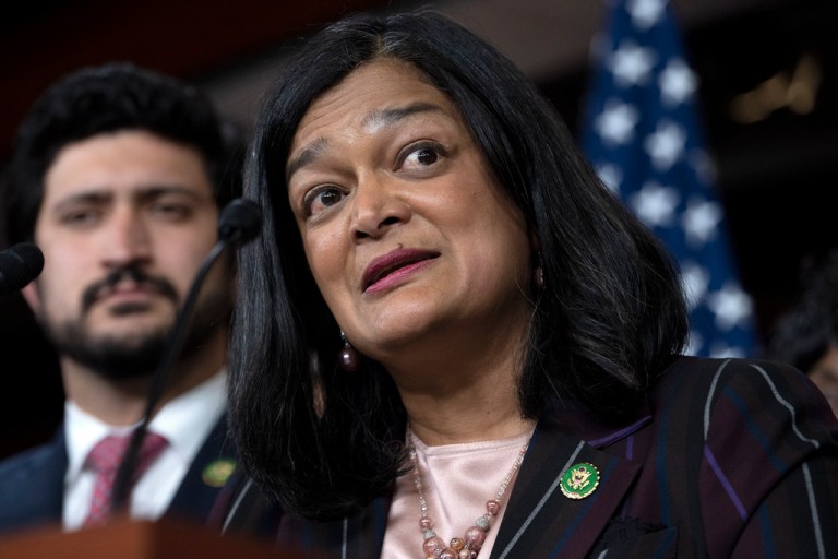 Congressional Progressive Caucus Chairwoman Rep. Pramila Jayapal, D-Wash., right, next to Rep. Greg Casar, D-Texas, speaks about the threat of default during a news conference, Wednesday, May 24, 2023, on Capitol Hill in Washington. 