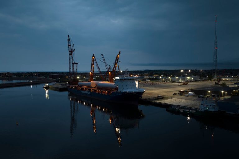 The ship UHL Felicity carrying massive parts for offshore wind turbines, is docked on May 2023 in New Bedford, Massachusetts. Interior approved plans for the Empire Wind offshore wind project operated by Equinor and BP, a victory for the commercial-scale U.S. offshore industry.