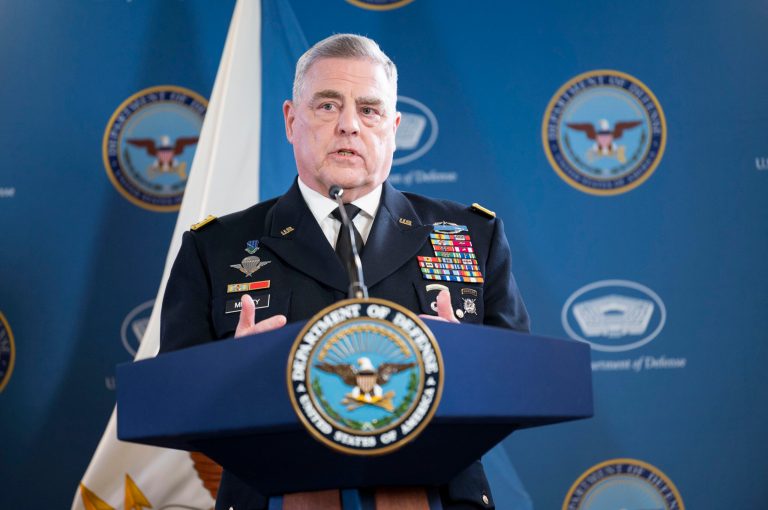 Chairman of the Joint Chiefs of Staff Gen. Mark Milley holds a press briefing with Defense Secretary Lloyd Austin at the Pentagon on Thursday, May 25, 2023 in Washington.