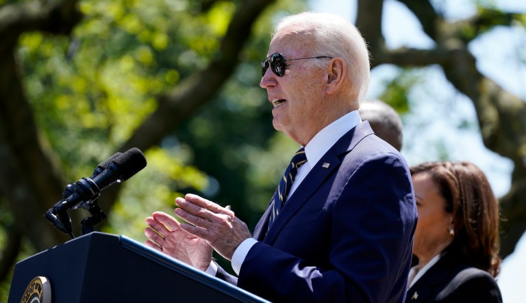 President Joe Biden speaks in the Rose Garden of the White House in Washington, Thursday, May 25, 2023, on his intent to nominate U.S. Air Force Chief of Staff Gen. CQ Brown, Jr., to serve as the next Chairman of the Joint Chiefs of Staff.