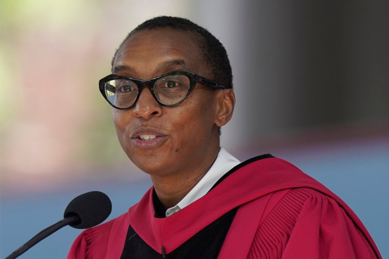 Claudine Gay, Edgerley Family Dean of Harvard's Faculty of Arts and Sciences, addresses an audience during commencement ceremonies, Thursday, May 25, 2023.