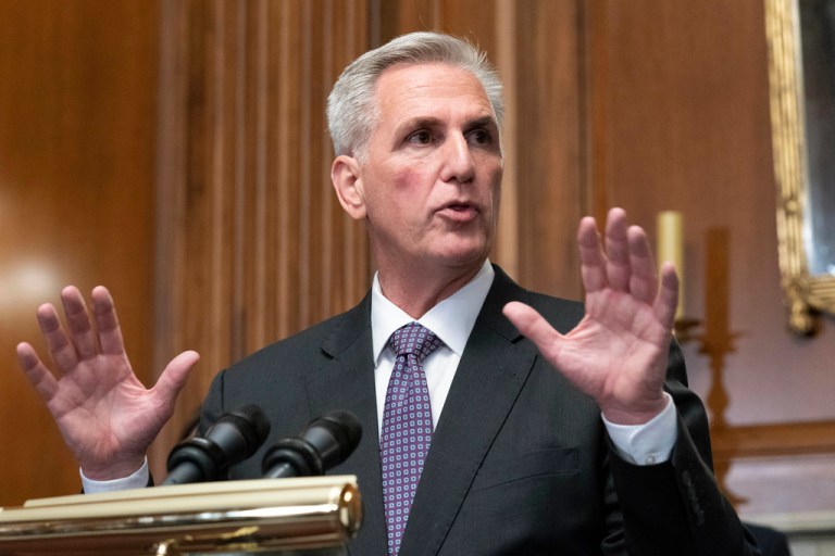 House Speaker Kevin McCarthy of California, along with other Republican members of the House, speaks at a news conference on May 31, 2023.
