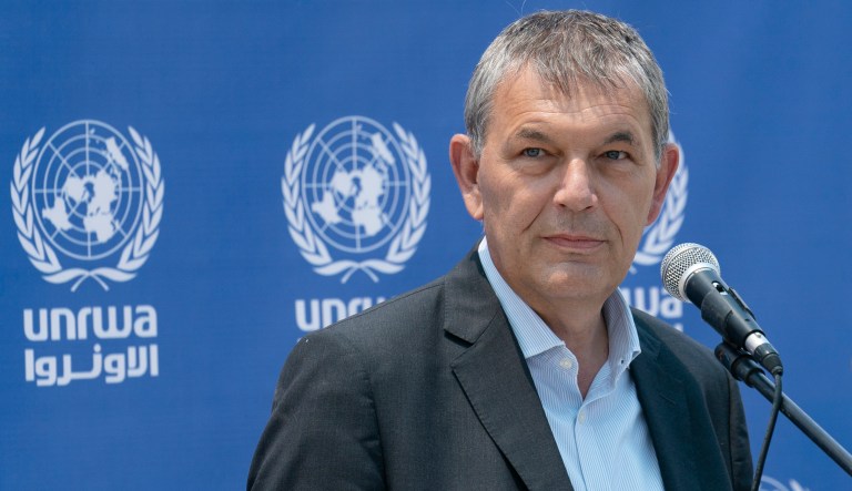 Philippe Lazzarini, Under-Secretary-General of the United Nations and Commissioner-General of the United Nations Relief and Works Agency for Palestine Refugees in the Near East, speaks during a news conference May 23, 2021, in Gaza City following a ceasefire reached after an 11-day war between Gaza's Hamas rulers and Israel.