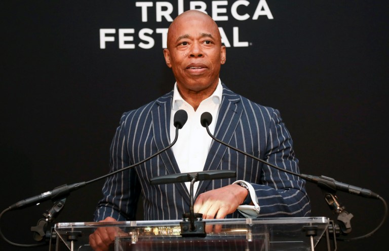 New York Mayor Eric Adams presents a key to the city to Tribeca Festival co-founder and actor Robert De Niro at Tribeca Grill on Wednesday, June 7, 2023, in New York.