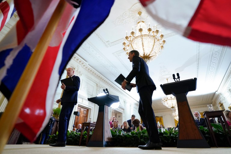 President Joe Biden and British Prime Minister Rishi Sunak leave following a news conference in the East Room of the White House in Washington, Thursday, June 8, 2023. 