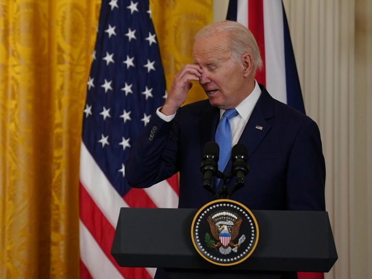 President Joe Biden speaks during a news conference with British Prime Minister Rishi Sunak in the East Room of the White House in Washington, Thursday, June 8, 2023. 