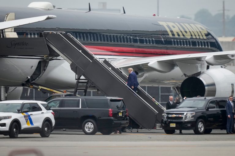 Former President Donald Trump boards his airplane at Newark Liberty International Airport, Monday, June 12, 2023, in Newark, New Jerseu. Trump will fly to Florida where he will face criminal charges pertaining to mishandling of classified documents. 