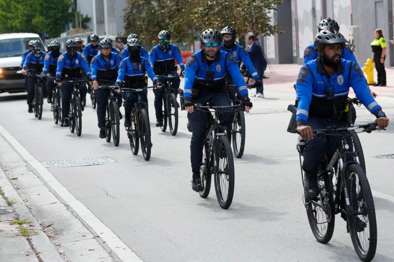 Police ride around the Wilkie D. Ferguson Jr. U.S. Courthouse, Tuesday, June 13, 2023, in Miami. Former President Donald Trump is making a federal court appearance today on dozens of felony charges accusing him of illegally hoarding classified documents and thwarting the Justice Department's efforts to get the records back.