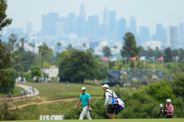 Brooks Koepka walks on the 13th hole during a practice round for the U.S. Open Championship golf tournament at The Los Angeles Country Club on Tuesday, June 13, 2023, in Los Angeles. 