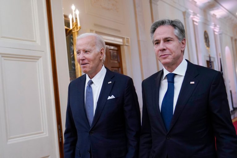 President Joe Biden and Secretary of State Antony Blinken arrive to speak at a chiefs of mission reception in the East Room of the White House in Washington, Tuesday, June 13, 2023. The chiefs of mission are the principal officers, usually ambassadors, in charge of diplomatic missions and various U.S. offices abroad.