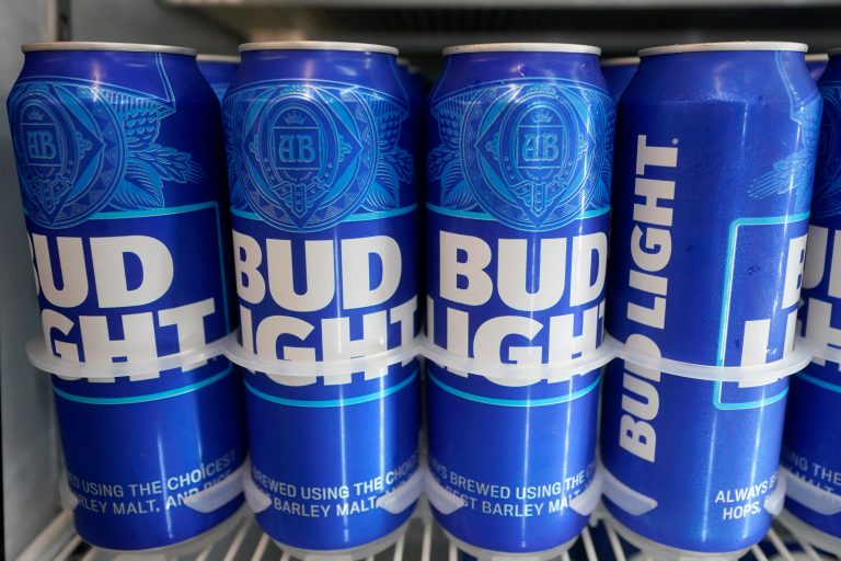 Cans of Bud Light chill in a refrigerator in Oakland, Calif., Friday, April 28, 2023. (AP Photo/Jeff Chiu)