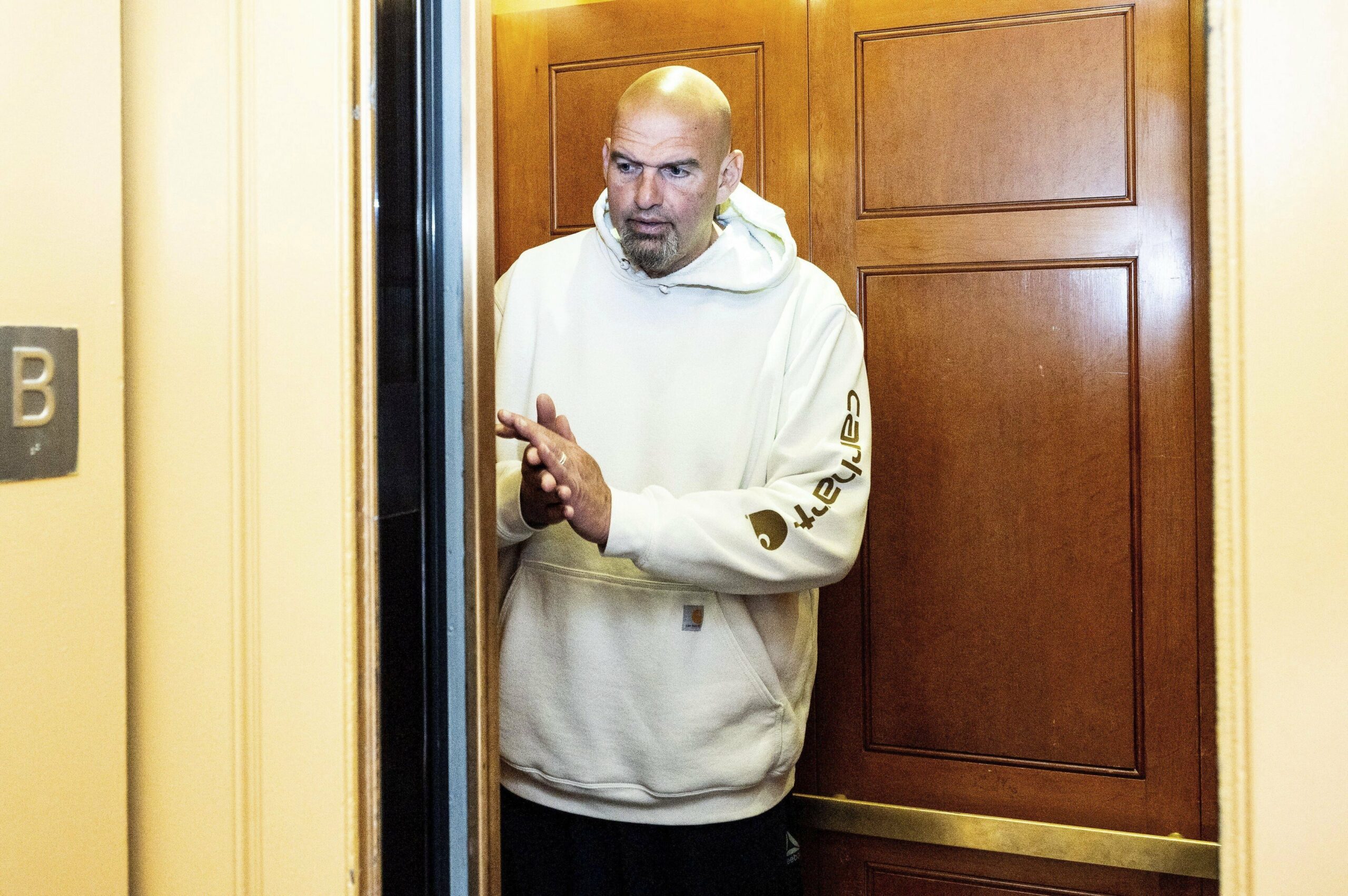 U.S. Senator John Fetterman (D-PA) on an elevator near the Senate Subway at the U.S. Capitol.