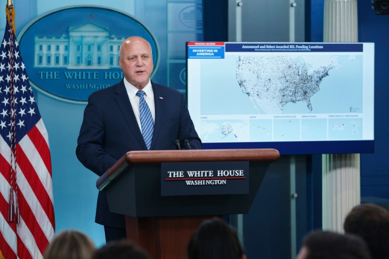 White House infrastructure coordinator Mitch Landrieu speaks during a briefing.