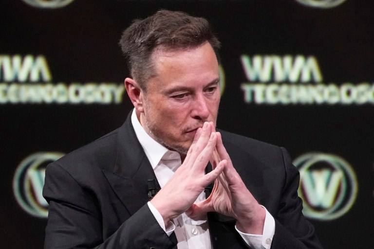 Elon Musk, who owns Twitter, Tesla and SpaceX, reacts at the Vivatech fair Friday, June 16, 2023 in Paris. Vivatech is Europe's biggest startup and tech event.
