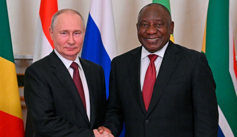 In this handout photo provided by Photo host Agency RIA Novosti, Russian President Vladimir Putin, left, and South African President Cyril Ramaphosa pose for a photo prior to their talks after a meeting with a delegation of African leaders and senior officials in St. Petersburg, Russia, Saturday, June 17, 2023.