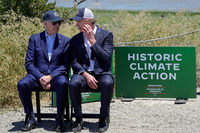 President Joe Biden talks with Gov. Gavin Newsom (D-CA) as they visit the Lucy Evans Baylands Nature Interpretive Center and Preserve in Palo Alto, California, Monday, June 19, 2023. 