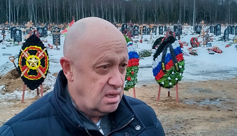 FILE - Wagner Group head Yevgeny Prigozhin attends the funeral of Dmitry Menshikov, a fighter of the Wagner group who died during a special operation in Ukraine, at the Beloostrovskoye cemetery outside St. Petersburg, Russia, on Dec. 24, 2022.
