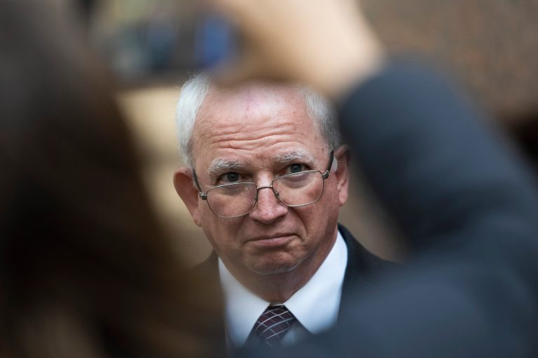 Attorney John Eastman, the architect of a legal strategy aimed at keeping former President Donald Trump in power, listens to questions from reporters after a hearing in Los Angeles, Tuesday, June 20, 2023. 