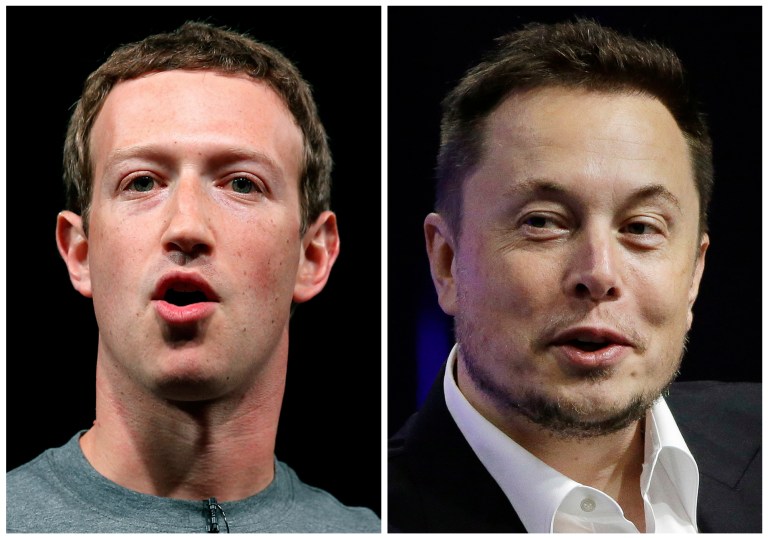 This combo of file images shows Facebook CEO Mark Zuckerberg, left, and Tesla and SpaceX CEO Elon Musk.