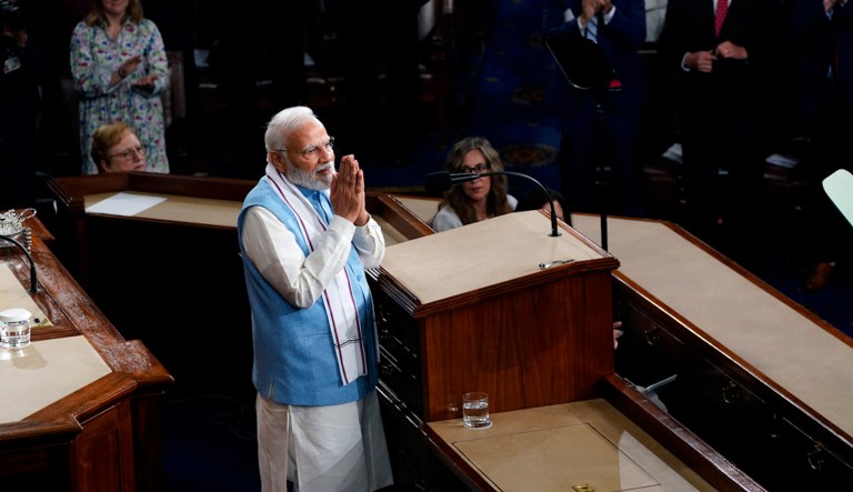 India’s Modi embraced by Congress while touting increased defense ties