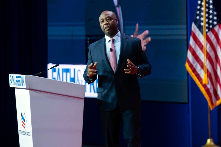 Republican presidential candidate Sen. Tim Scott, R-S.C., speaks during the Faith and Freedom Coalition Policy Conference in Washington, Friday, June 23, 2023.